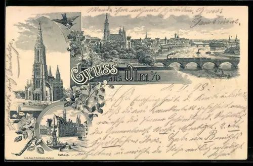 Lithographie Ulm a. D., Münster, Rathaus, Ortsansicht mit Eisenbahn