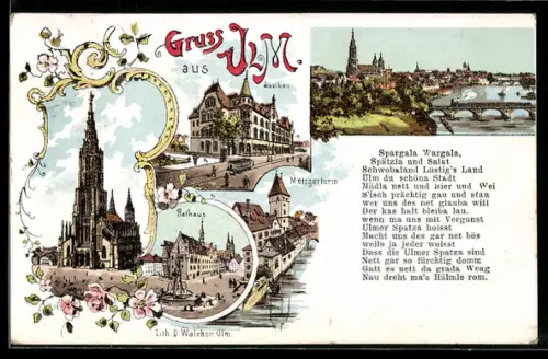 Lithographie Ulm, Münster, Rathaus, MetzgerTurm