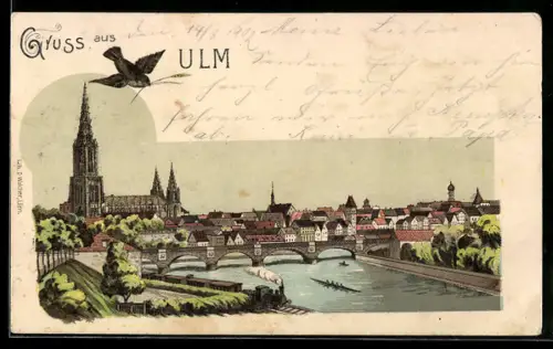 Lithographie Ulm, Donaubrücke, Dampflok
