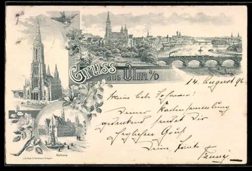 Lithographie Ulm a /D, Münster, Rathaus, Donaubrücke