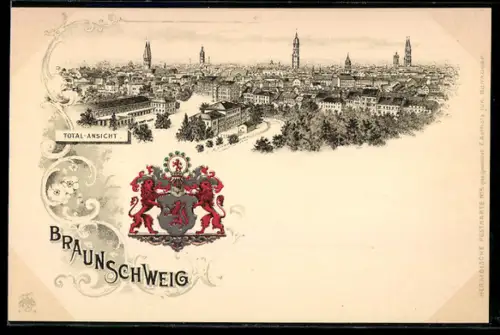 Lithographie Braunschweig, Total-Ansicht, Ortspanorama, Wappen