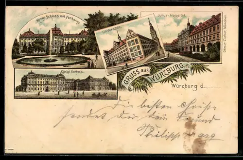 Lithographie Würzburg, Universität, Julius-Hospital, Königl. Schloss mit Fontaine