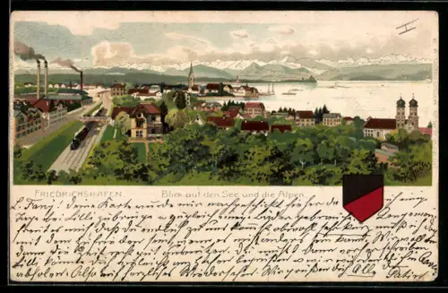 Lithographie Friedrichshafen, Blick auf den See und die Alpen