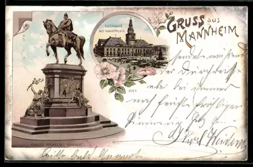 Lithographie Mannheim, Kaiser Wilhelm I. Denkmal, Rathaus mit Marktplatz