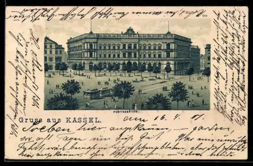 Lithographie Kassel, Postgebäude und Strassenbahn