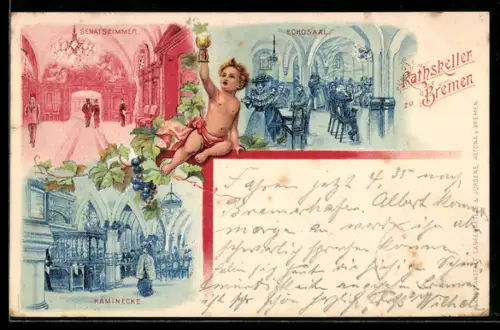 Lithographie Bremen, Gasthof Rathskeller, Senatszimmer, Echosaal, Kaminecke