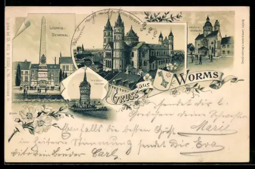 Lithographie Worms, Dom, Ludwigsdenkmal, Wasserturm