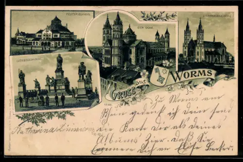 Lithographie Worms, Dom, Lutherdenkmal, Festspielhaus, Liebfrauenkirche
