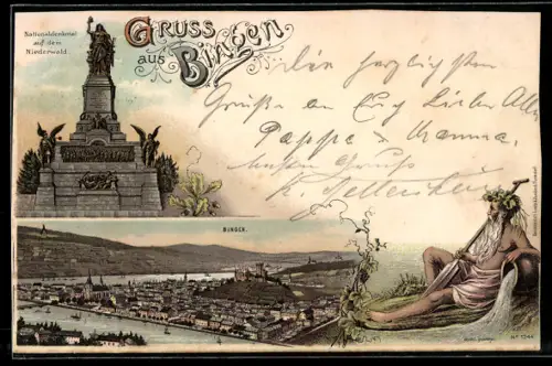 Lithographie Bingen, Nationaldenkmal auf dem Niederwald, Stadtansicht