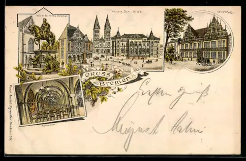 Lithographie Bremen, Rathaus, Dom, Börse, Kaiser Wilhelm I. Denkmal, Ratskeller