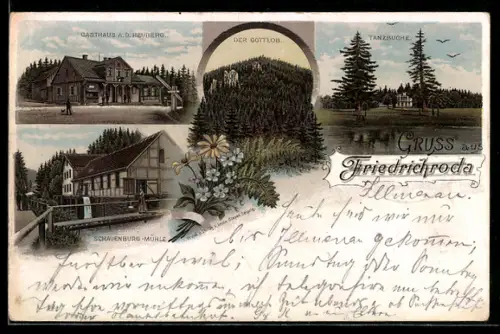 Lithographie Friedrichroda, Gasthaus a. d. Heuberg, Tanzbuche, Schauenburg-Mühle, der Gottlob