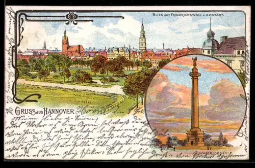 Lithographie Hannover, Friedrichswall, Altstadt, Waterloo-Säule