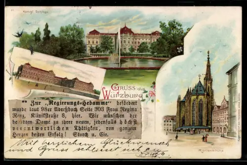 Lithographie Würzburg, Königl. Schloss, Marienkirche, Zeitungsartikel über den Empfänger