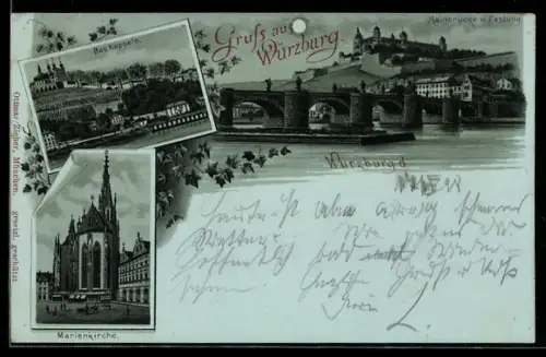 Mondschein-Lithographie Würzburg, Mainbrücke, Festung, Marienkirche, Käppele
