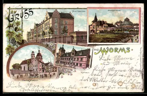 Lithographie Worms, Neue Kaserne, Festspielhas, Paulus Museum, Rathaus