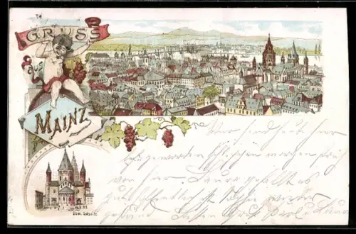 Lithographie Mainz, Gesamtansicht des Ortes, Dom