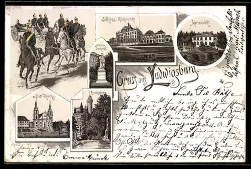 Lithographie Ludwigsburg, Schloss, Stadt-Kirche, Marienwahl, Schiller-Denkmal, Emichsburg