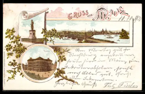 Lithographie Mainz, Guttenberg-Denkmal, Rheinbrücke, Theater