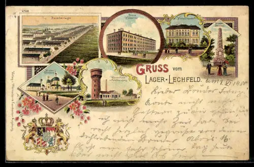 Lithographie Lager Lechfeld, Barackenlager, Neuer Kasernenbau, Wasserturm