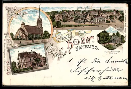 Lithographie Hamburg-Horn, Martinskirche, Pastorat, Das Rauhe Haus
