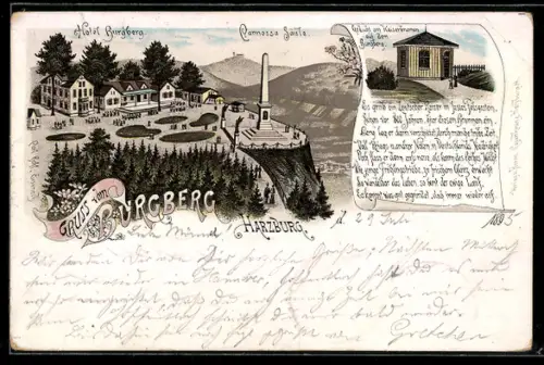 Lithographie Harzburg, Hotel Burgberg, Canossa-Säule