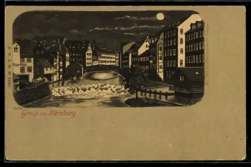 Lithographie Nürnberg, Flusspartie im Mondschein