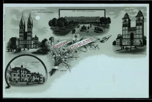 Mondschein-Lithographie Koblenz, Castorkirche, Schloss, Kaufhaus