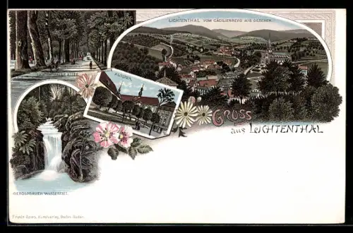 Lithographie Lichtenthal, Kloster, Geroldsauer Wasserfall, Allee, Gesamtansicht vom Cäcilienberg