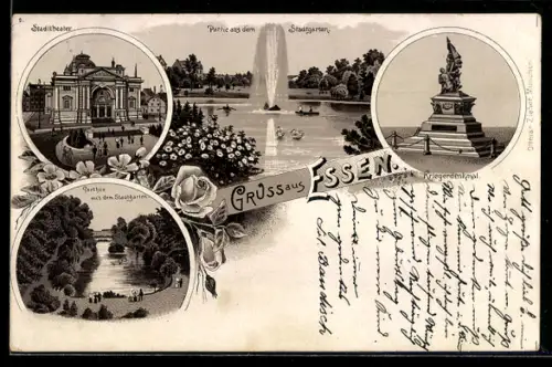 Lithographie Essen, Stadttheater, Stadtgarten, Kriegerdenkmal