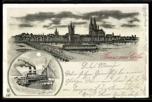 Lithographie Köln, Dom, Rheinbrücke, Dampfschiff