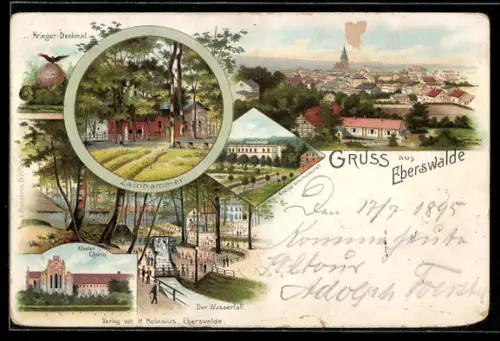 Vorläufer-Lithographie Eberswalde, 1895, Krieger-Denkmal, Zainhammer, Kloster Chorin, Der Wasserfall