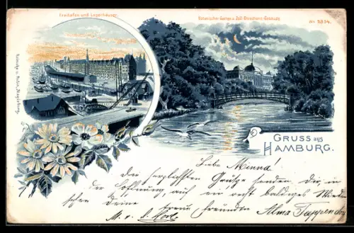 Lithographie Hamburg, Freihafen und Lagerhäuser, Botanischer Garten, Zoll Directions-Gebäude