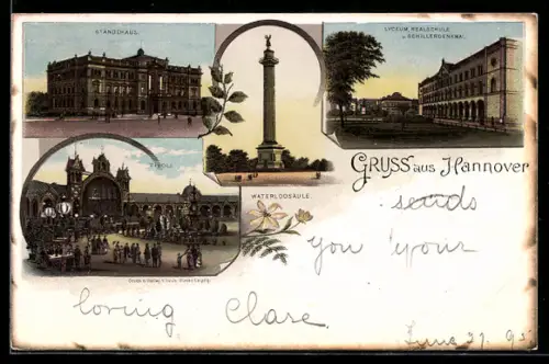 Vorläufer-Lithographie Hannover, 1895, Ständehaus, Lyceum Realschule, Waterloo-Säule