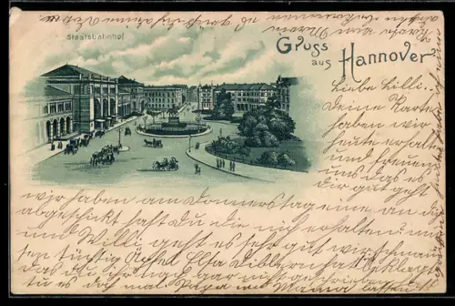 Lithographie Hannover, Blick zum Staatsbahnhof