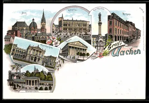 Lithographie Aachen, Dom, Rathaus, Elisenbrunnen, Theater, Polytechnikum, Kurhaus