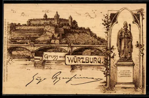 Lithographie Würzburg, Festung, Denkmal eines Heiligen