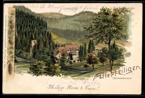 Lithographie Allerheiligen i. Schwarzwald, Blick in den Ort mit Kurhaus, Inh. Gebr. Mittenmaier
