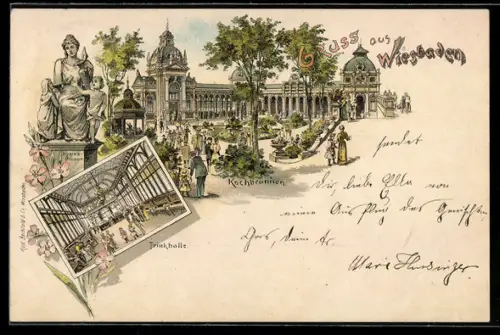 Lithographie Wiesbaden, Kochbrunnen, Trinkhalle, Statue