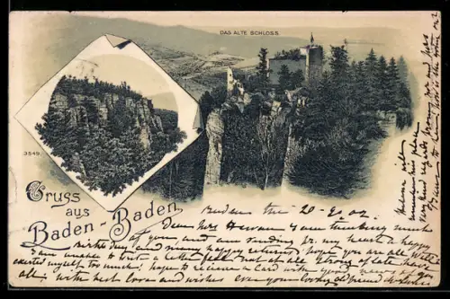 Lithographie Baden-Baden, Das Alte Schloss und Felsenlandschaft
