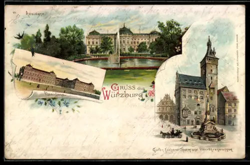 Lithographie Würzburg, Residenz, Grafen Eckhard-Turm und Vierröhrenbrunnen
