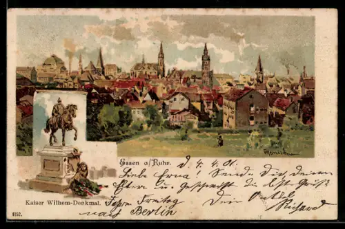 Künstler-AK Karl Heinisch: Essen a. Ruhr, Ortsansicht, Kaiser Wilhelm-Denkmal