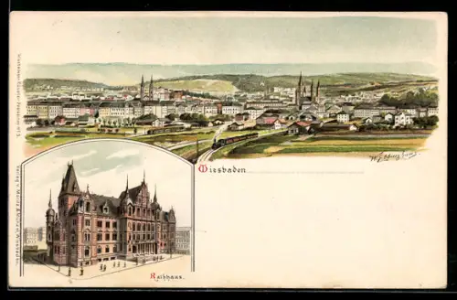 Lithographie Wiesbaden, Ortsansicht aus der Vogelschau, Rathaus
