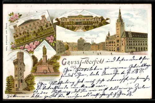 Lithographie Elberfeld, Rathaus, Neumarkt, Kriegerdenkmal