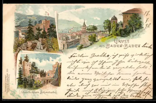 Lithographie Baden-Baden, Altes Schloss Hohenbaden, Neues Schloss