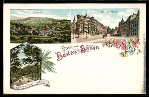 Lithographie Baden-Baden, Lichtenthaler Allee, Der Leopoldsplatz, Lichtental