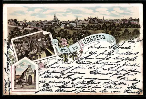 Lithographie Nürnberg, Bratwurstglöcklein, Blick über die Dächer