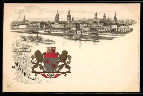 Lithographie Mainz, Total-Ansicht, Wappen, Dampfschiff