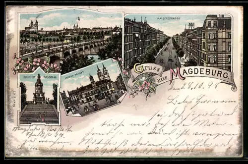 Lithographie Magdeburg, Kaiserstrasse, Krieger-Denkmal, Alter Markt