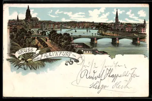 Lithographie Frankfurt a. M., Mainbrücke mit Blick in die Stadt