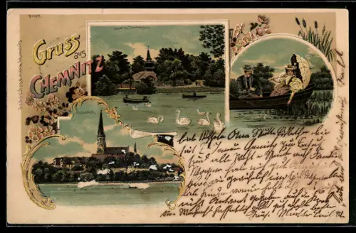 Lithographie Chemnitz, Schlossteich, Insel mit Taubenhaus